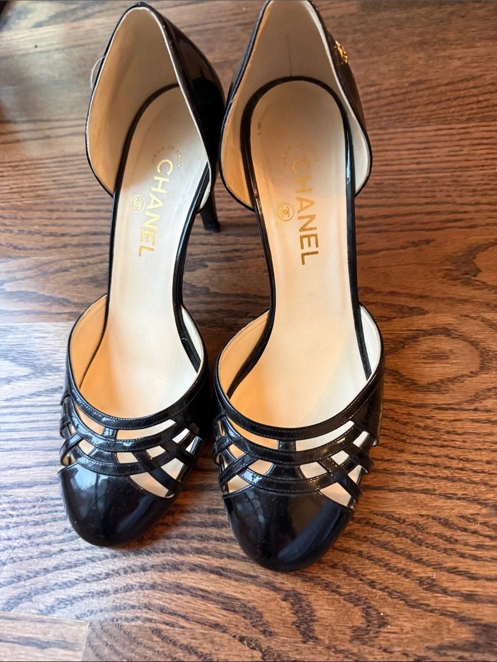 CHANEL Black Patent Leather Strappy D'Orsay Heels size 40.5